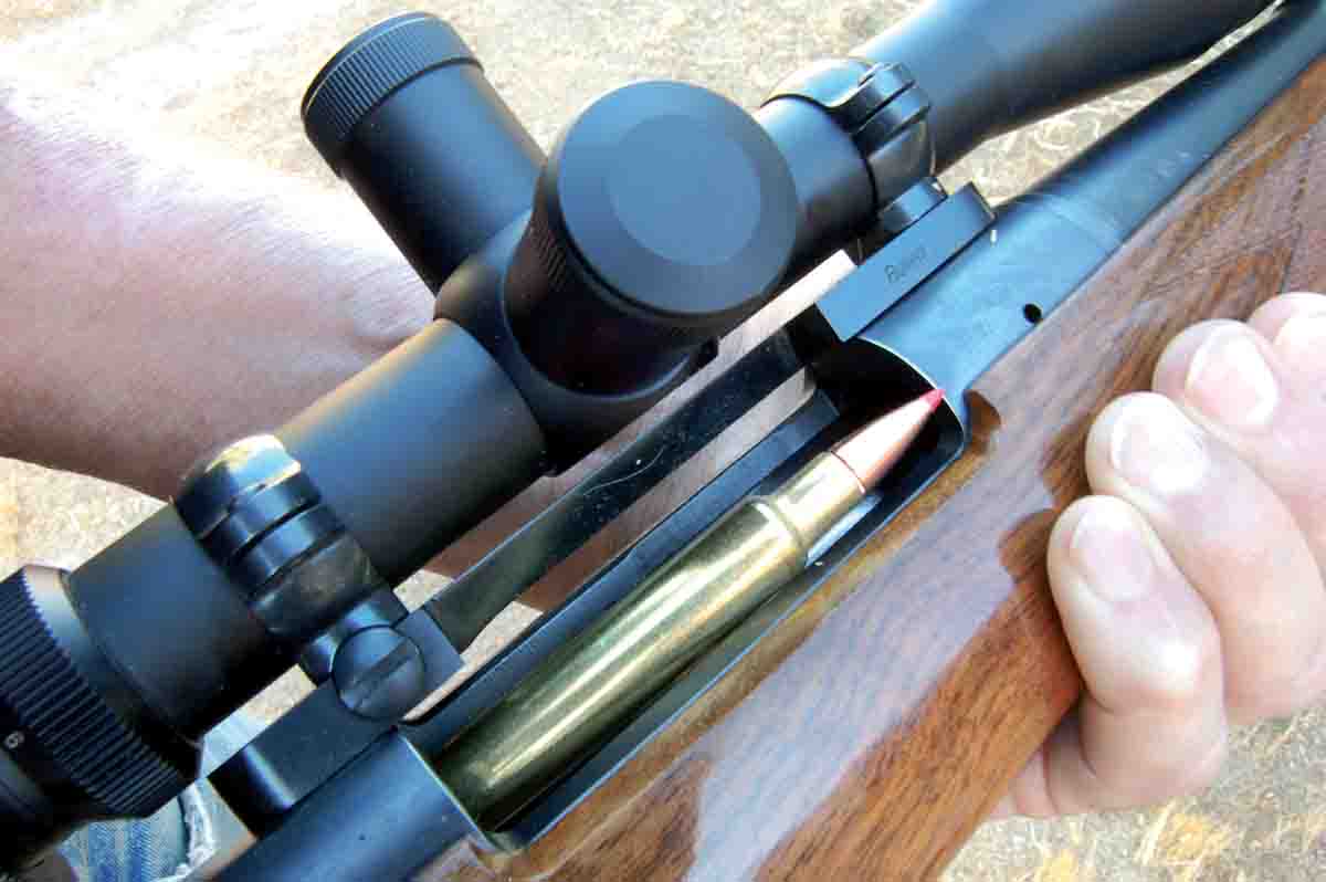 The .300 Weatherby Magnum round just clears the ejection port of a Remington 721.